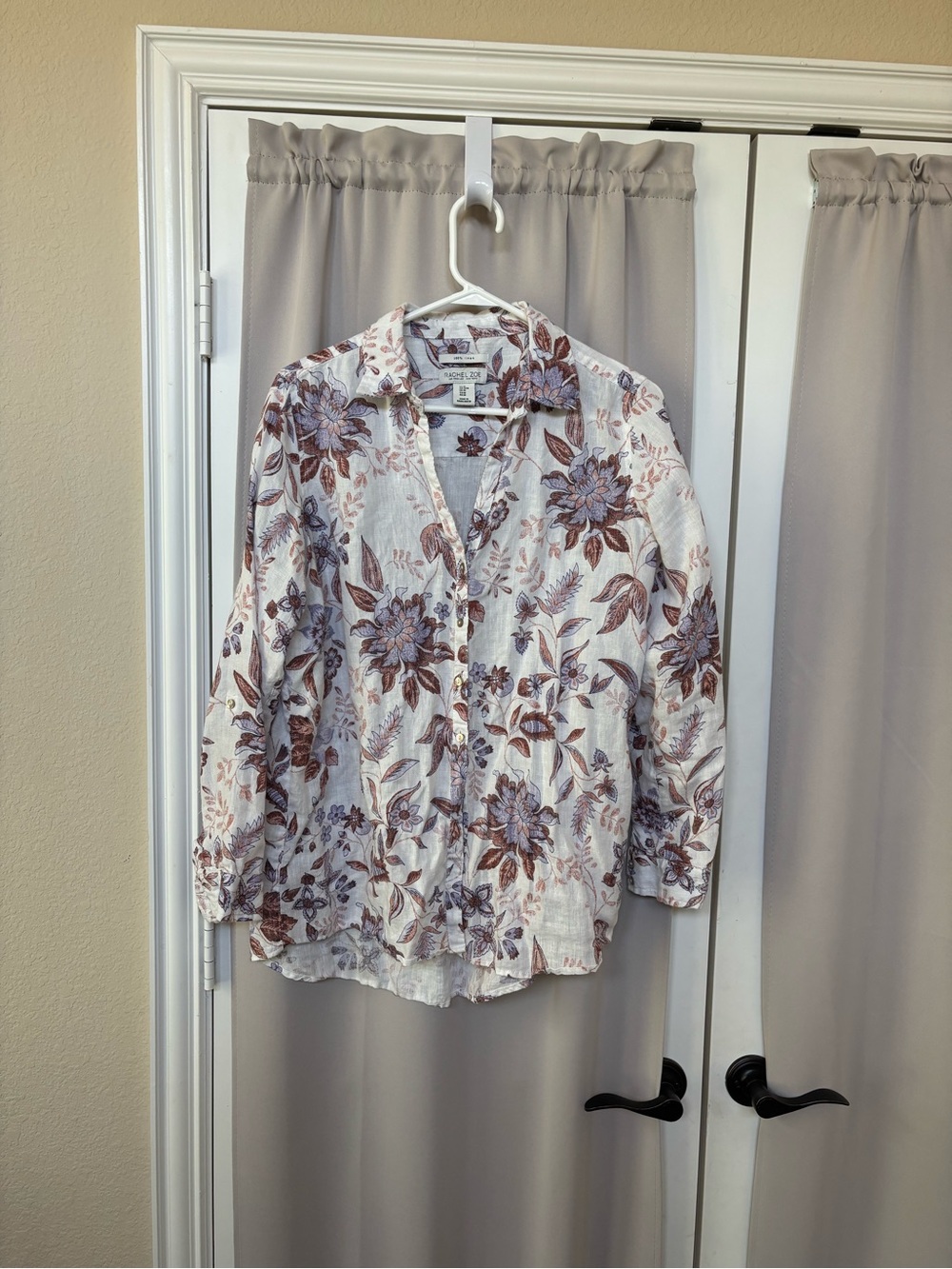 Rachel Zoe White Button-Down 100% Linen Shirt with Purple & Rust Floral Print